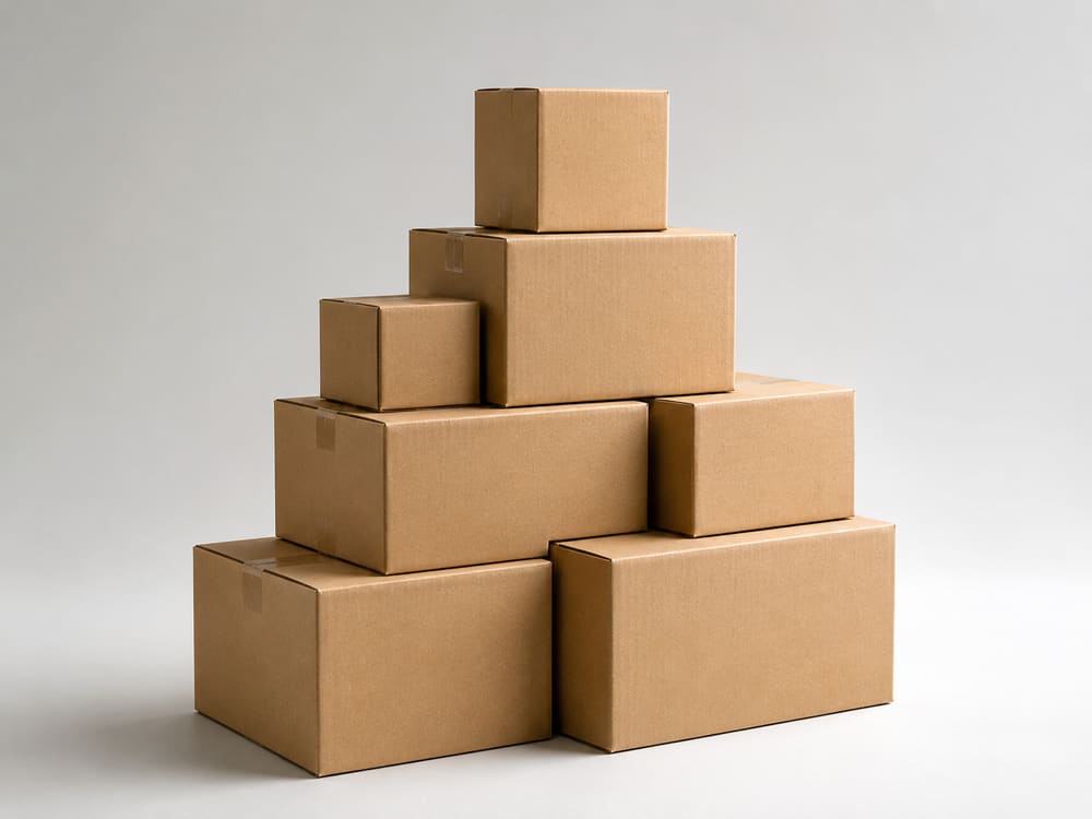 Pyramid stack of plain kraft cardboard boxes on a grey studio background
