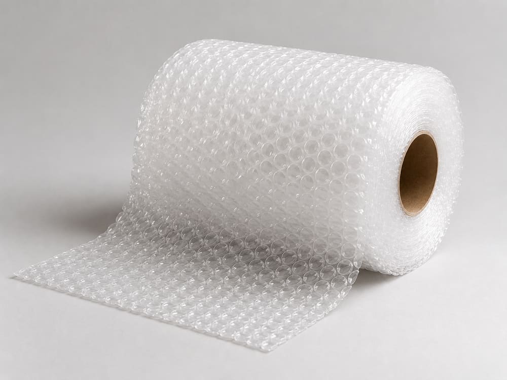 Roll of bubble wrap partially unrolled on a grey studio background