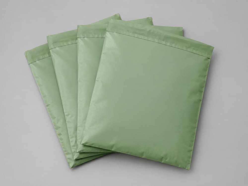 Fan of plain green recycled poly mailing bags on a grey studio background