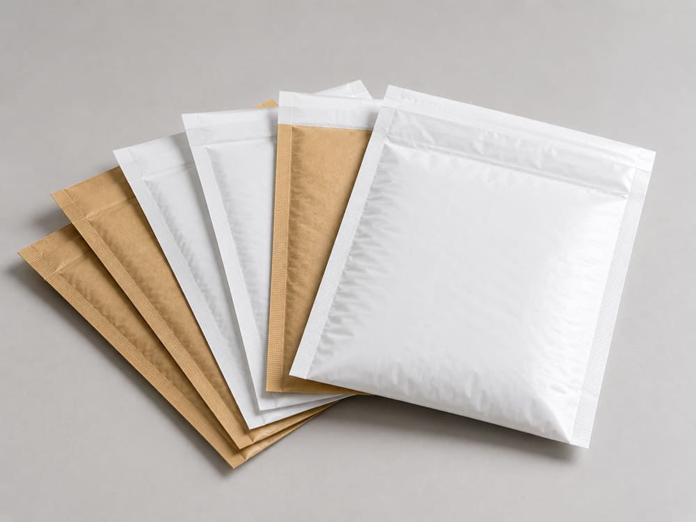 Fan of white and kraft padded mailing bags on a grey studio background