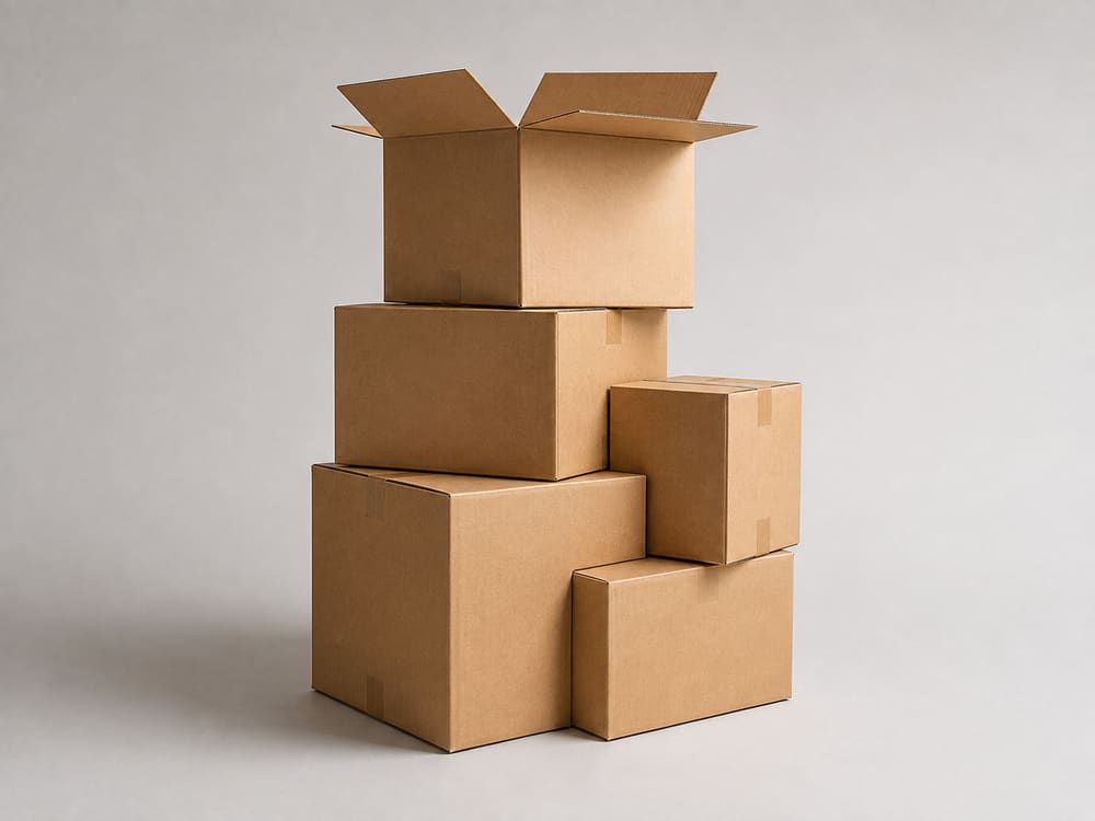 Tall stack of kraft moving boxes with the top box open on a grey studio background