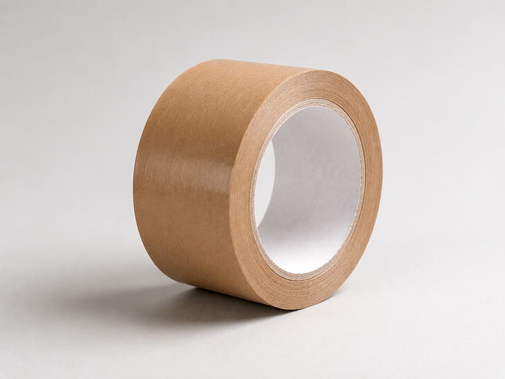 Roll of brown kraft paper packaging tape on a grey studio background