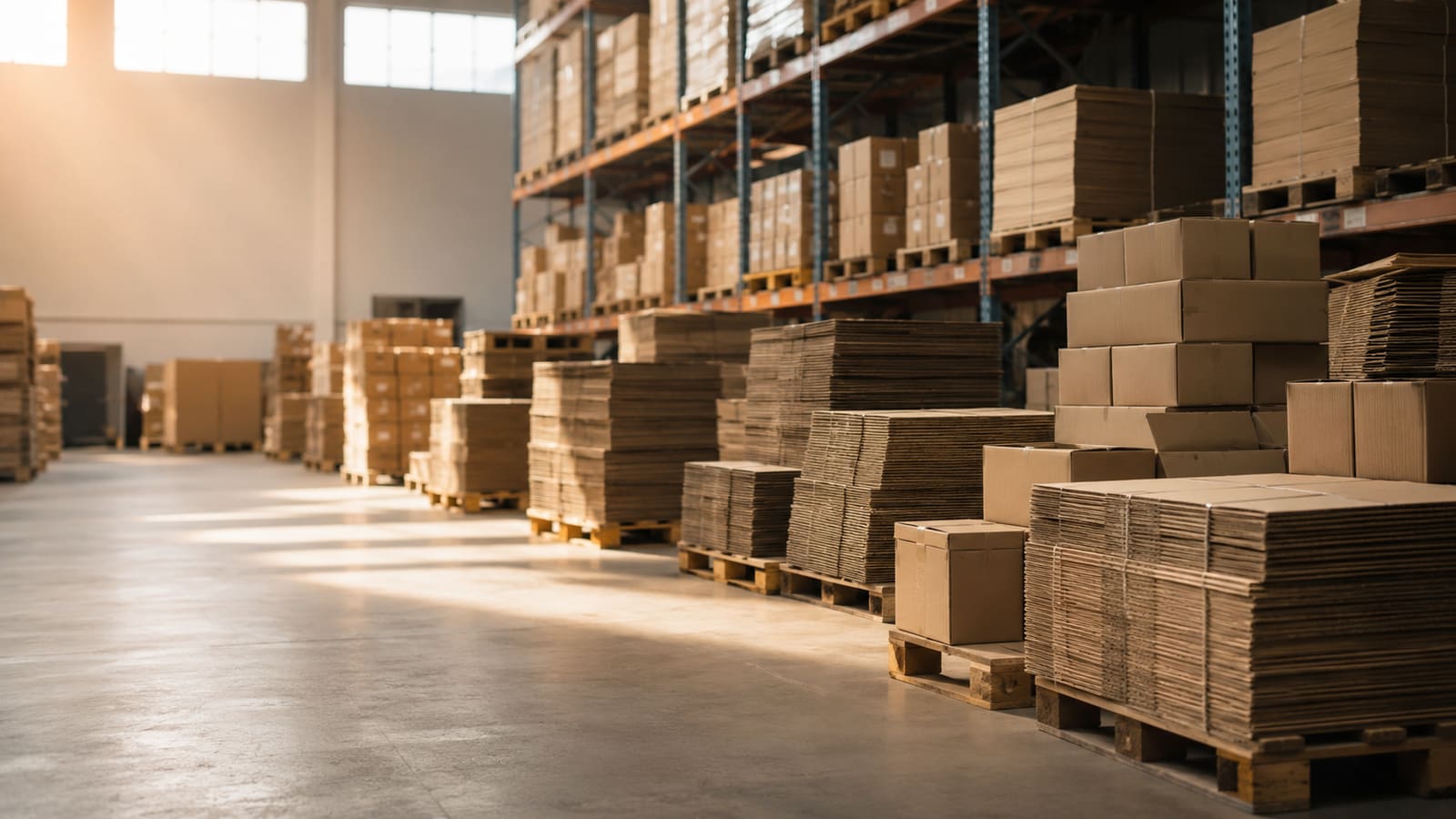 Sunlit warehouse aisle stacked with flat-packed cardboard sheets and kraft boxes on pallets